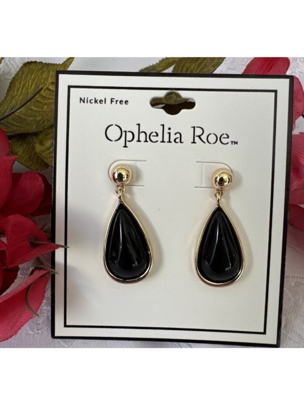 Ophelia Roe Black Goldtone Oval Tear Drop 1.5" Earrings Nickel Free Dangle NEW